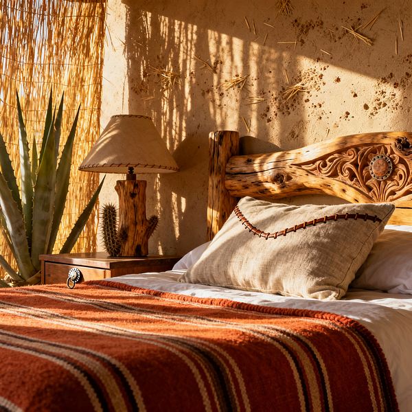 A sunlit Southwestern bedroom shows a carved knotty wood headboard and white bedding topped with a linen pillow edged in leather whipstitching and a rust striped wool blanket. A wooden nightstand holds a wood-base lamp with a stitched rawhide shade and a small cactus, while an agave stands by a window screened with woven reeds that cast shadows across a straw-flecked adobe wall.