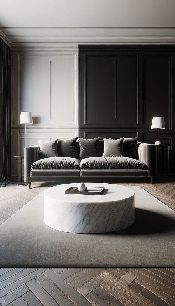 A cozy living room with high contrast: a sleek, white marble coffee table in front of a dark, plush velvet sofa, showcasing the principle of contrast in interior design.
