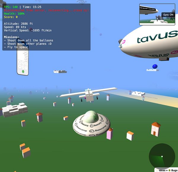 A 3D virtual environment featuring a UFO, an airplane, and various structures.