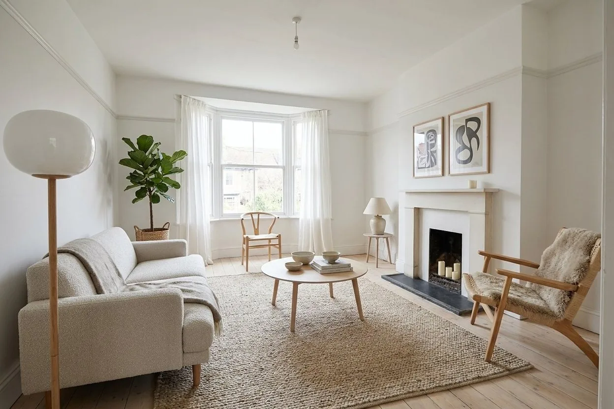 The same empty room, staged in the Scandinavian style