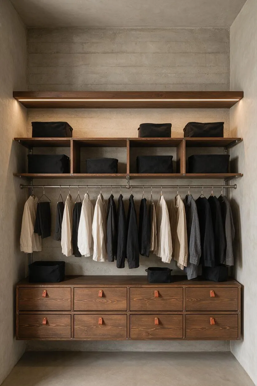 A narrow walk-in closet with textured concrete walls and ceiling, a long wooden shelf with integrated warm lighting, open cubbies holding black storage boxes, a metal hanging rod with neutral and dark garments, and a walnut-toned drawer unit with leather pulls below.