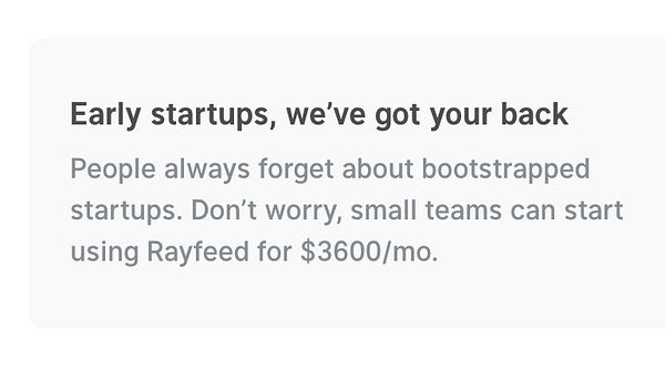 The image contains a message offering a Rayfeed service for startups at $3600 per month.