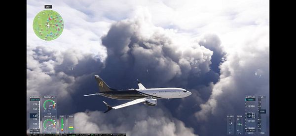 An aircraft is flying through a cloudy sky, with a detailed flight interface displayed.