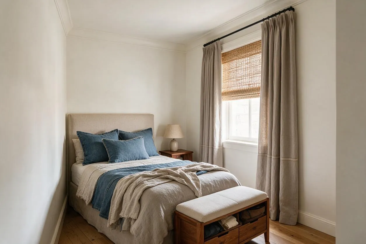 A serene guest bedroom with a beige upholstered bed, layered neutral bedding, and blue accent pillows and throw. A small wooden nightstand with a lamp sits beside the bed, while a window with woven shade and long taupe curtains brings in soft light. A cushioned wood bench stands at the foot of the bed on warm hardwood floors.