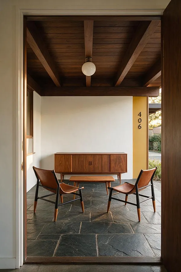 A front porch in mid-century modern style with a dark wood plank ceiling, exposed beams, and a hanging globe light. The space includes two leather sling chairs, a small wooden bench, a walnut sideboard, and dark slate flooring, with a mustard-yellow entry column marked with the house number 406.