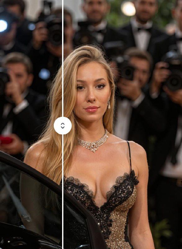 A split image showcasing a woman at a glamorous event, with a focus on skin enhancement effects.