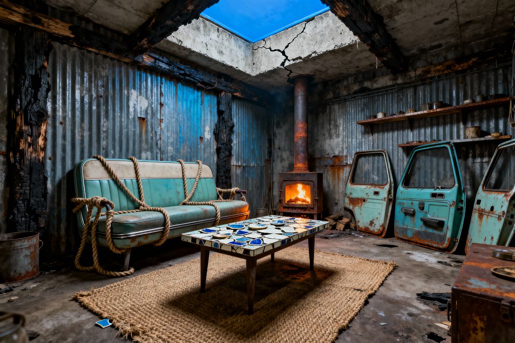 A post-apocalyptic living room made from corrugated metal walls and a cracked concrete ceiling with an open skylight. A wood-burning stove glows beside rusted teal car doors, while a seafoam car bench sofa tied with thick rope faces a mosaic coffee table of broken blue and white tiles on a jute rug. Charred beams, scattered cans on wall shelves, and a stained concrete floor complete the rugged, salvaged aesthetic.