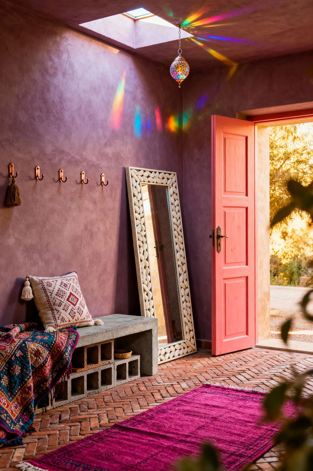 A bohemian mudroom with dusty mauve plaster walls features a coral-pink door open to golden light, a herringbone terracotta floor, and a concrete bench with cubbies draped in a patterned kilim and a tasseled cushion. A shell-inlaid full-length mirror leans against the wall beneath a skylight, while a multicolored glass pendant throws prismatic reflections; a magenta rug and copper hooks complete the warm, eclectic scene.