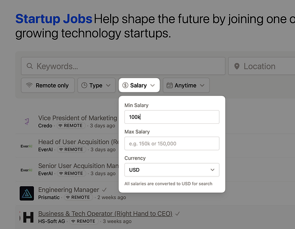 The image displays a salary filter interface on the Startup Jobs website.