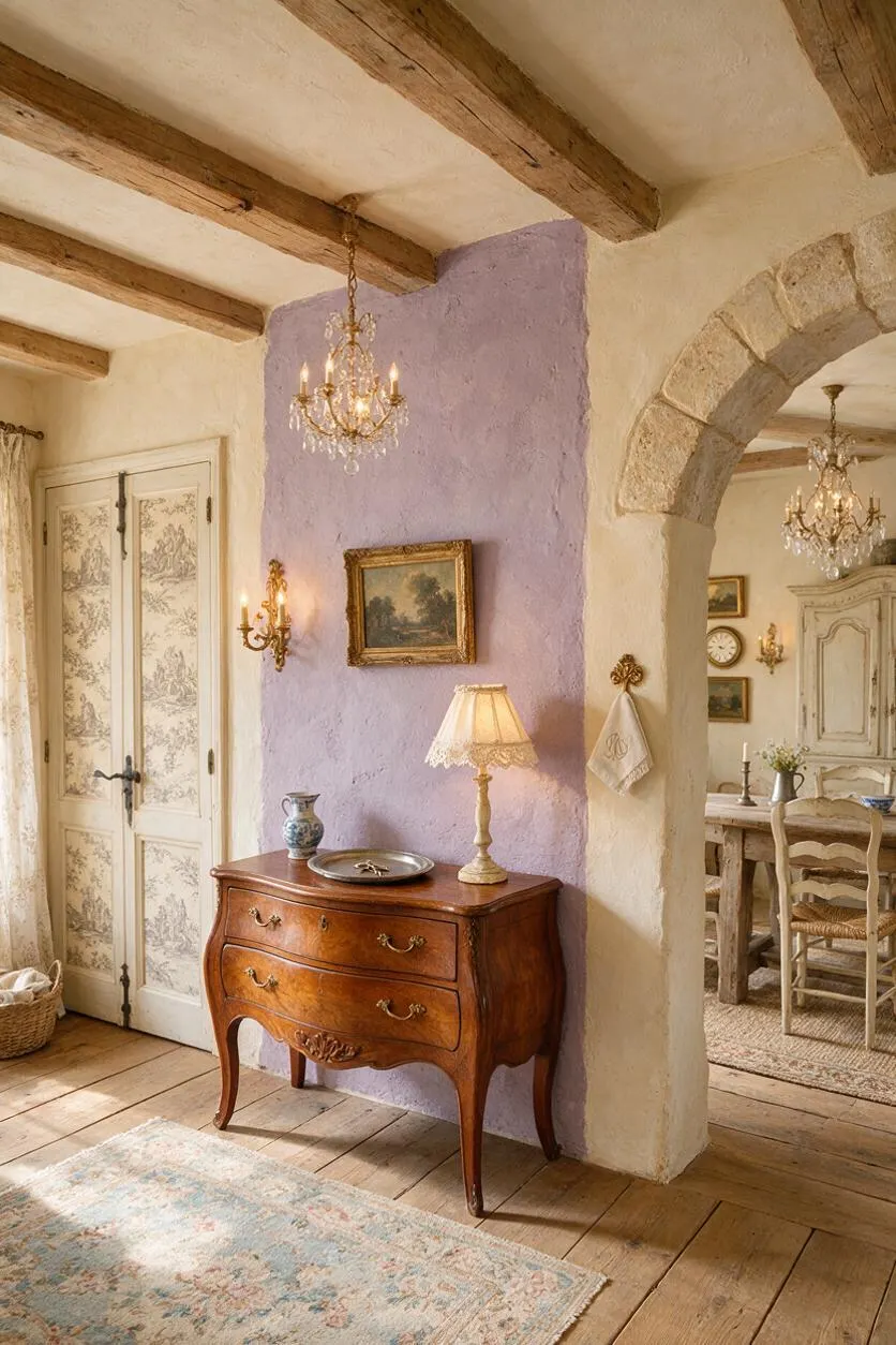 A French Country entryway with exposed wood ceiling beams, a curved stone arch, and a lavender plaster accent wall. A carved wooden console table with a lamp and small decor sits against the wall, while a floral-painted door, antique-style chandelier, and worn wood floor add a warm, lived-in feel.