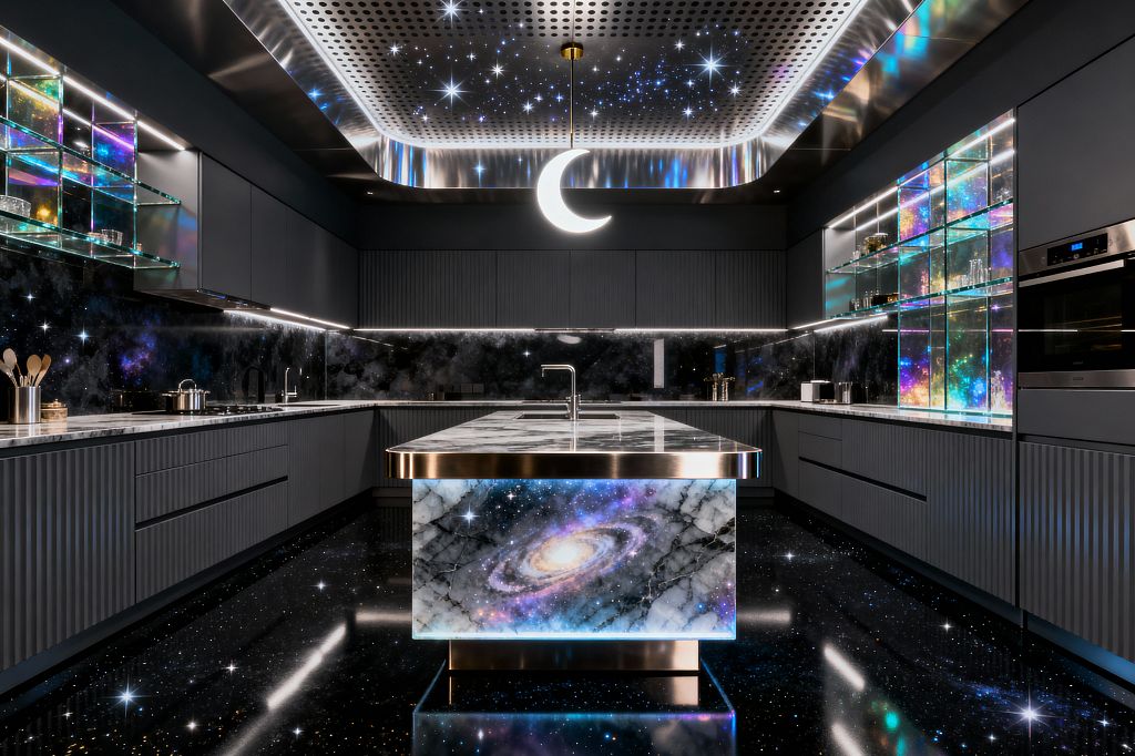 A futuristic kitchen with graphite fluted cabinets encircling a central marble-topped island. The space features galaxy-printed glass backsplashes and island face, iridescent glass display shelves with LED strips, a high-gloss black floor speckled like stars, and a perforated metal ceiling with fiber-optic constellations centered by a glowing crescent-moon pendant; brass edging and integrated appliances complete the U-shaped layout.