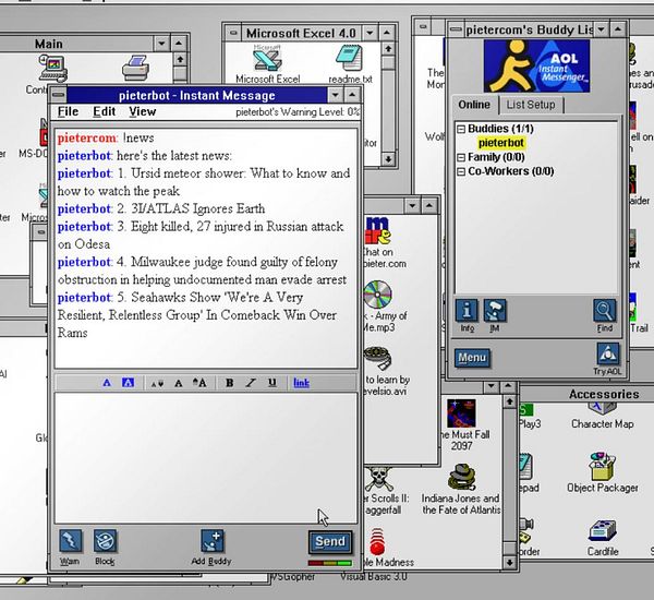 An instant messaging window displays news updates from a bot on an older computer interface.