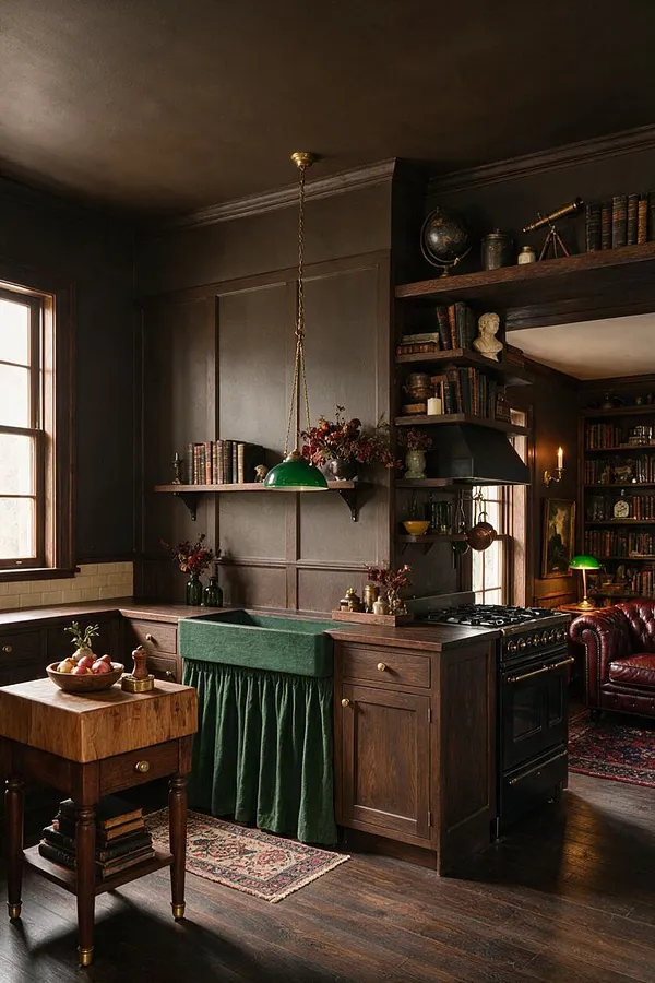 A moody kitchen with dark wood cabinetry, paneled walls, and a green apron-front sink draped with a velvet skirt. Open shelves hold books, a globe, and vintage decor, while a brass pendant light, patterned rugs, and a black range complete the scholarly, old-world atmosphere.