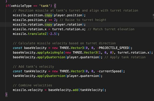 The image displays a code snippet for controlling a tank's missile positioning and velocity in a game environment.
