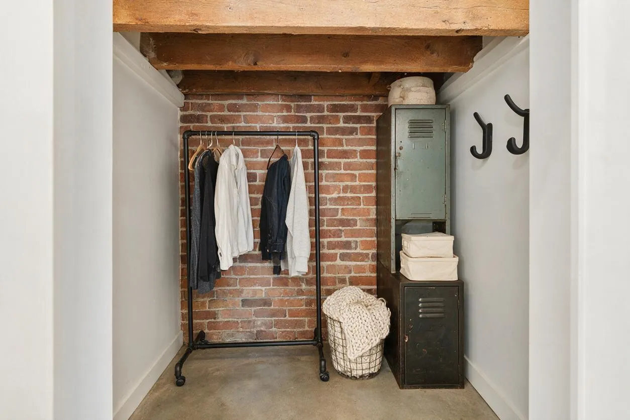 A narrow closet features exposed brick at the back, thick rustic wood beams overhead, and white side walls. A black metal clothing rack holds a few hanging garments, while stacked vintage-style lockers, wall hooks, and a woven basket add storage and texture.