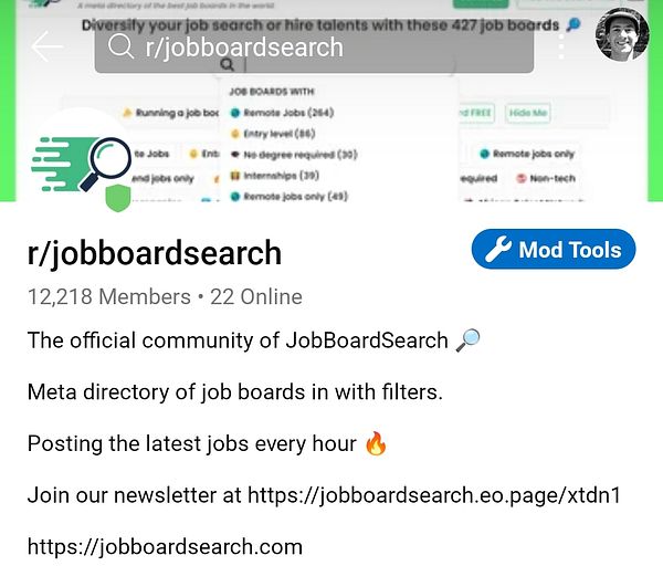 The image displays the subreddit page for r/jobboardsearch, showcasing its community details and purpose.