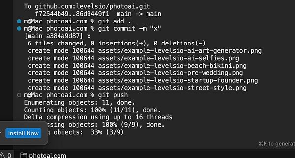 The image displays a terminal interface showing Git commands related to a project on GitHub.