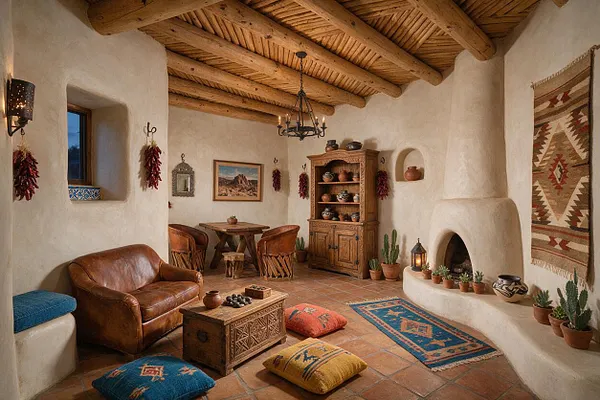 A Southwestern-style game room with smooth adobe walls, a wood-beamed ceiling, terracotta tile flooring, and a leather armchair beside a carved wooden game chest. The room includes a small rustic table with leather chairs, a built-in adobe fireplace, patterned rugs and cushions, wall art, hanging chiles, potted cacti, and warm lantern-style lighting.