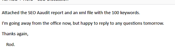 The image displays an email interface containing a message about an SEO audit report.