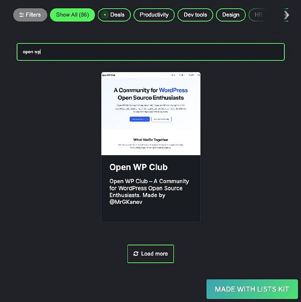 The image displays a user interface for adding a new listing item to a directory, featuring the Open WP Club website preview.
