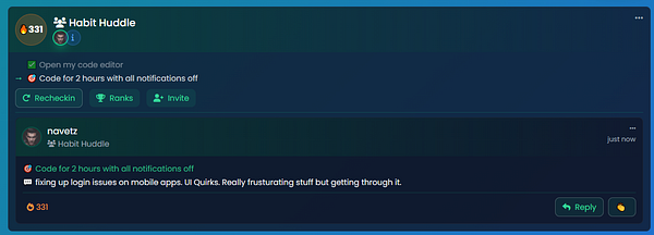 A task interface from the Habit Huddle platform detailing a user's progress on fixing mobile app login issues.