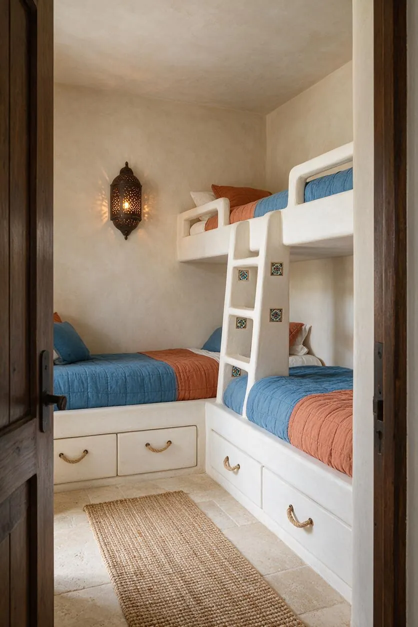 A cozy kids' room with two white built-in bunk beds arranged along the walls, each with blue and terracotta bedding. The room has plaster walls, a decorative Moroccan-style wall lantern, rope drawer pulls, a woven rug, and a stone tile floor, all framed by dark wood doorways.