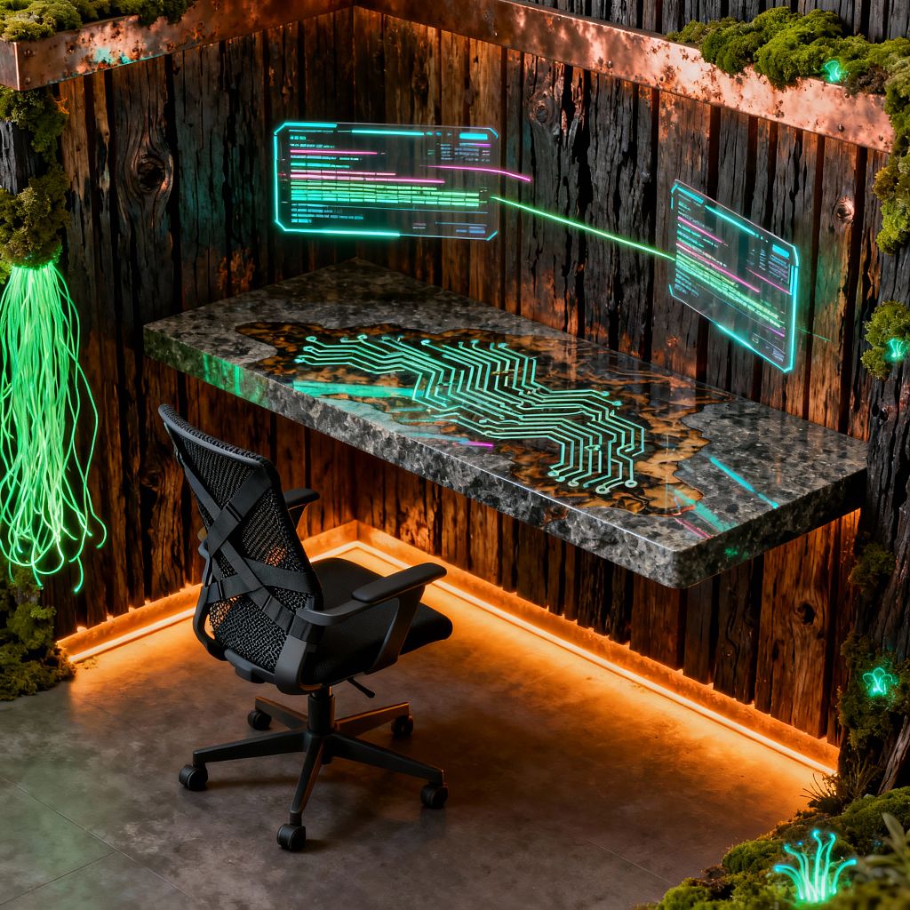 A cyberpunk-inspired home office features a floating stone-and-epoxy desktop with a glowing circuit pattern, holographic-style screens, and amber LED underlighting, set against charred wood walls accented by a copper band. A black mesh task chair sits on polished concrete, while preserved moss and fiber‑optic green strands add bioluminescent highlights around the niche, blending rugged, natural textures with sleek, high-tech illumination.