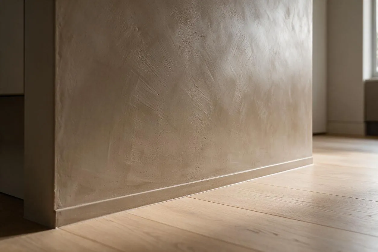 A close-up view of a modern interior showing a smooth, textured plaster wall meeting pale wood plank flooring. Soft natural light highlights the subtle finish and clean base detail, creating a calm minimalist atmosphere.