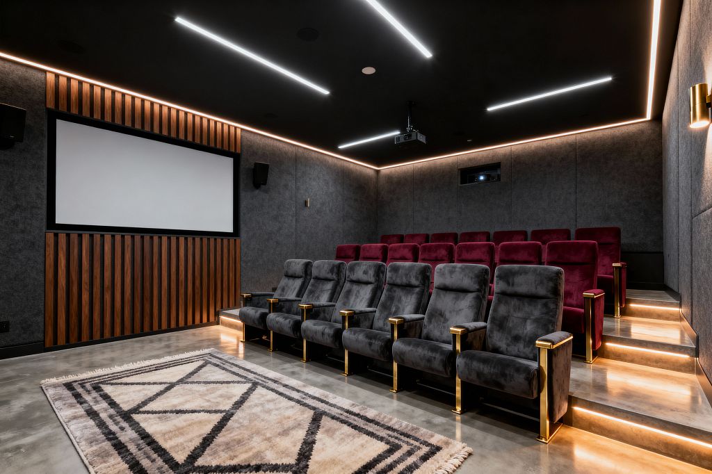 A modern, tiered home theater features a large projection screen set into gray acoustic wall panels with a walnut slat accent below. Charcoal velvet recliners with brass details face the screen, deep burgundy seats occupy raised platforms, and linear LED strips and warm perimeter lighting highlight a black ceiling, illuminated steps, and polished concrete floor anchored by a neutral geometric rug; a ceiling-mounted projector and wall speakers complete the room.