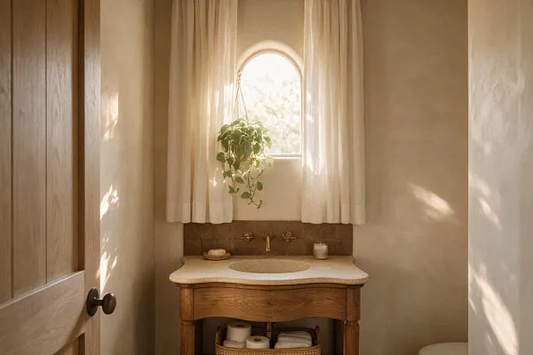 A small powder room with warm beige plaster walls, a curved wood vanity, and a light stone sink counter. Sheer curtains frame an arched window with a hanging green plant, filling the space with soft natural light and a calm, organic feel.