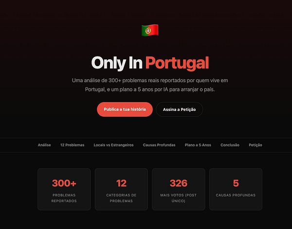 Website homepage of Only in Portugal in Portuguese, showcasing tourism categories and images.