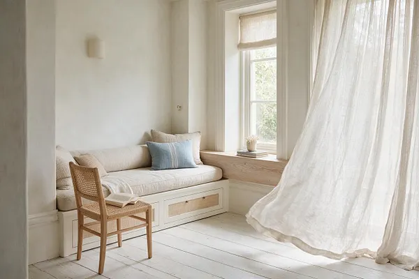 A bright coastal-style nook with a built-in window seat in cream upholstery, woven storage drawers, a light wood ledge, and a cane chair in the foreground. Sheer white curtains filter sunlight beside a tall window, creating a soft, airy atmosphere with pale painted floors and a blue accent pillow.