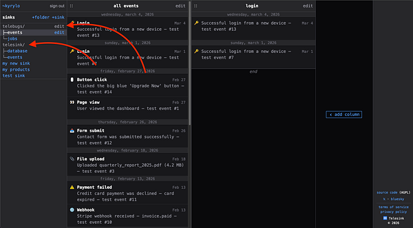 Screenshot of the Telesink analytics dashboard showing a sidebar with a newly added Folders feature to organize event types.