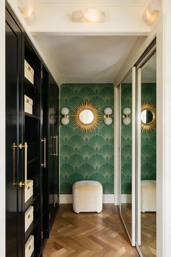 A narrow Art Deco-style closet with glossy black built-in cabinets on the left, mirrored sliding doors on the right, and a green fan-pattern wallpaper feature wall at the end. The back wall includes a gold sunburst mirror, globe sconces, a small cream velvet ottoman, and herringbone wood flooring under soft warm lighting.