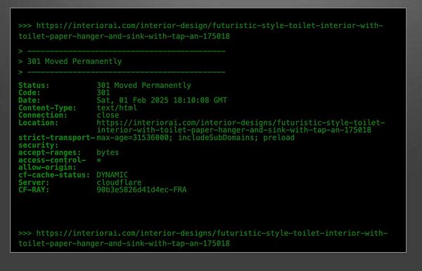 The image displays a terminal output showing a 301 redirect response for a URL.