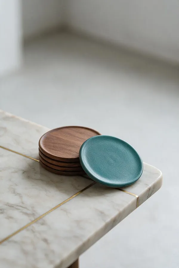 A close-up of a marble tabletop corner with thin brass inlay lines, holding a stack of round wooden coasters beside a teal ceramic coaster. The soft neutral background and minimal composition highlight the contrast between stone, wood, metal, and glazed ceramic.