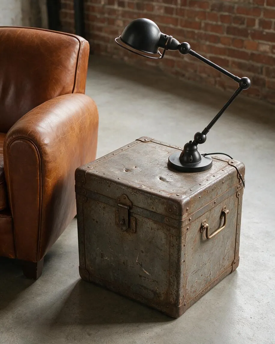 A vintage metal trunk repurposed as a side table sits beside a tan leather armchair. A matte black adjustable desk lamp rests on top, with a red brick wall and concrete floor completing the industrial setting.
