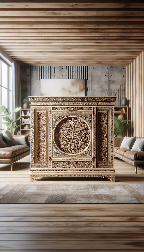 a beautiful wooden almery with intricate carvings placed in a modern living room, blending historical charm with contemporary decor