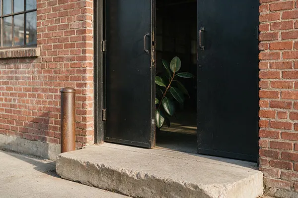 An industrial-style exterior entrance with red brick walls, black metal double doors, and a weathered concrete step at the threshold. A small window with dark mullions sits to the left, and a potted green plant is visible just inside the doorway.