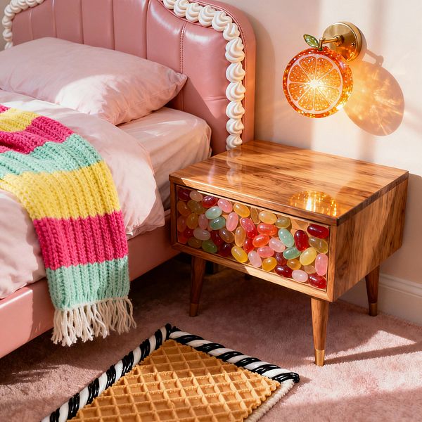 A whimsical bedroom corner in candy-inspired style features a blush pink, channeled headboard trimmed with white, frosting-like piping and pale pink bedding. A striped knitted throw in lemon, mint, and hot pink drapes the bed. Beside it, a walnut nightstand has a glossy top and a drawer embedded with multicolored, jelly-bean-like resin. A brass wall sconce with an orange-slice glass shade casts warm light onto a soft pink carpet and a waffle-cone rug edged with black-and-white twists.