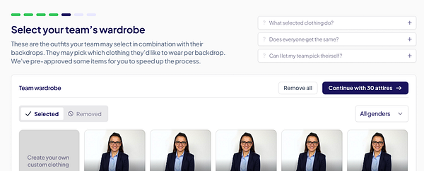 The image displays a user interface for selecting team wardrobe options for a photoshoot.