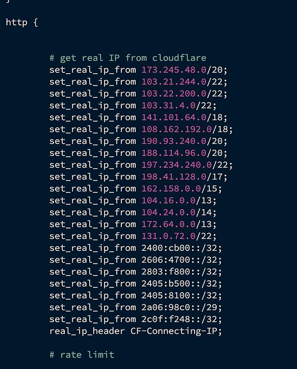 The image displays a code snippet for configuring real IP forwarding from Cloudflare in an HTTP server context.