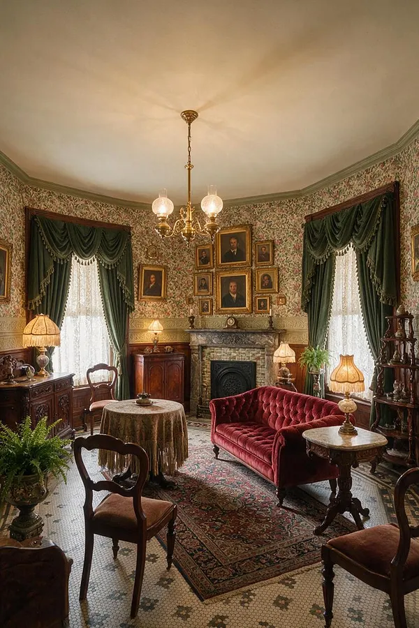 A Victorian-style basement sitting room with floral wallpaper, a central fireplace, and tall windows dressed in dark green drapes over lace sheers. The room includes a burgundy velvet settee, antique wood furniture, framed portraits, a brass chandelier, and patterned rugs over a tiled floor.