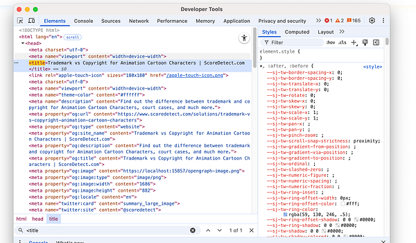 The image displays a screenshot of the Developer Tools interface showing HTML code for a webpage titled 'Trademark vs Copyright for Animation Cartoon Characters'.