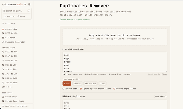 Interface of a web-based Duplicates Remover tool to strip repeated lines from text files.