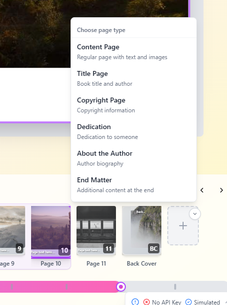 A user interface displaying a menu for selecting page types in a document editor.