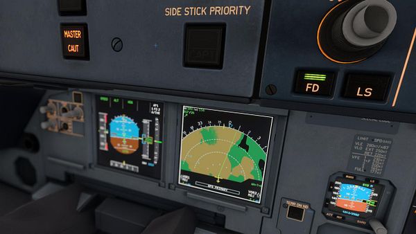 Cockpit instrument panel of a commercial airplane showing flight data with runway visible through foggy conditions.