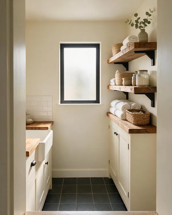 A narrow farmhouse-style master bathroom with cream walls, a frosted black-framed window, and dark slate tile flooring. White cabinetry, a deep apron-front sink, and thick wood countertops are paired with floating wood shelves holding rolled towels, baskets, and glass jars for a warm, organized look.