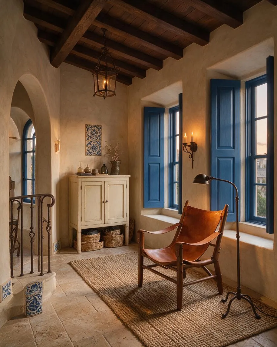 A warm Mediterranean-style sunroom with plaster walls, exposed dark wood ceiling beams, and tall windows trimmed with vivid blue shutters. The room includes a woven jute rug, a tan leather sling chair, a small cream cabinet, and rustic metal and ceramic accents.
