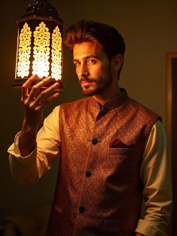 A young man holds a beautifully designed lantern, exuding a warm and festive atmosphere.